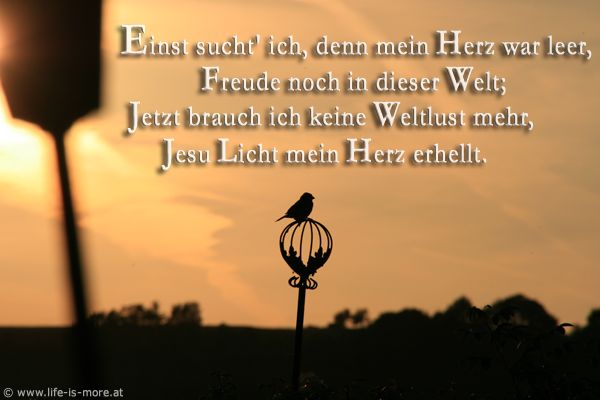 Einst sucht ich, denn mein Herz war leer, Freude noch in dieser Welt; Jetzt brauch ich keine Weltlust mehr, Jesu Licht mein Herz erhellt. Lied - Bildquelle: pixelio.de