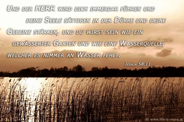 Und der HERR wird dich immerdar führen und deine Seele sättigen in der Dürre und deine Gebeine stärken; und du wirst sein wie ein gewässerter Garten und wie eine Wasserquelle, welcher es nimmer an Wasser fehlt. Jesaja 58,11 - Bildquelle: pixelio.de