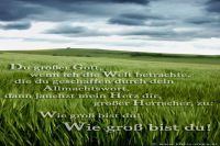 Du großer Gott, wenn ich die Welt betrachte, die du geschaffen durch dein Allmachtswort, dann jauchzt mein Herz dir, großer Herrscher, zu: Wie groß bist du! Wie groß bist du! (Lied)