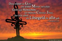 enn einer ist Gott, und einer ist Mittler zwischen Gott und Menschen, der Mensch Christus Jesus, der sich selbst als Lösegeld für alle gab. (1.Timotheus 2,5-6)